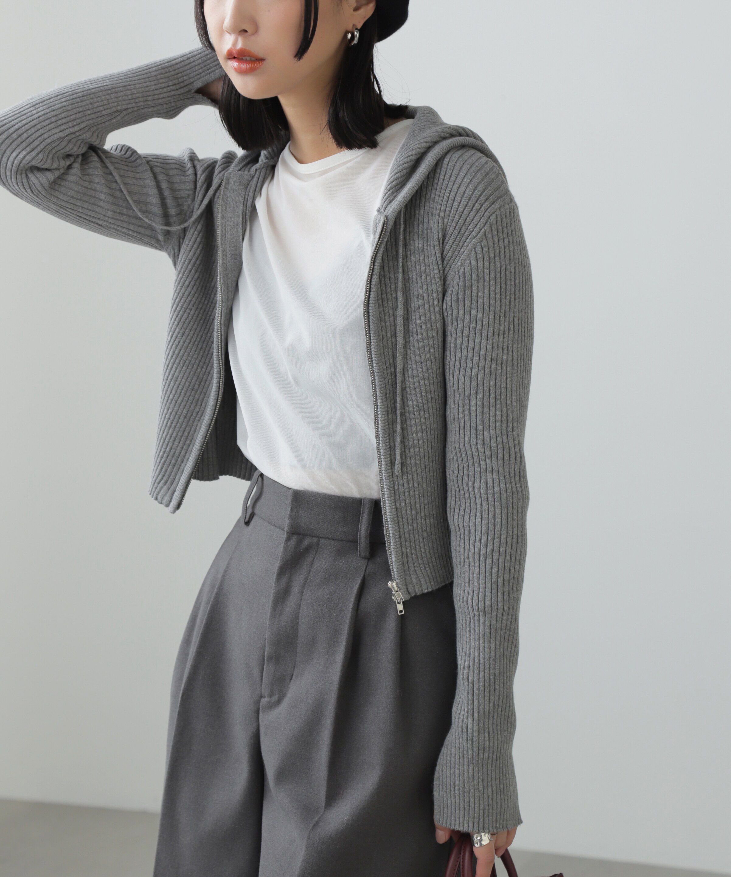  「配色リブショート丈ニットパーカー」|ニット・セーター|