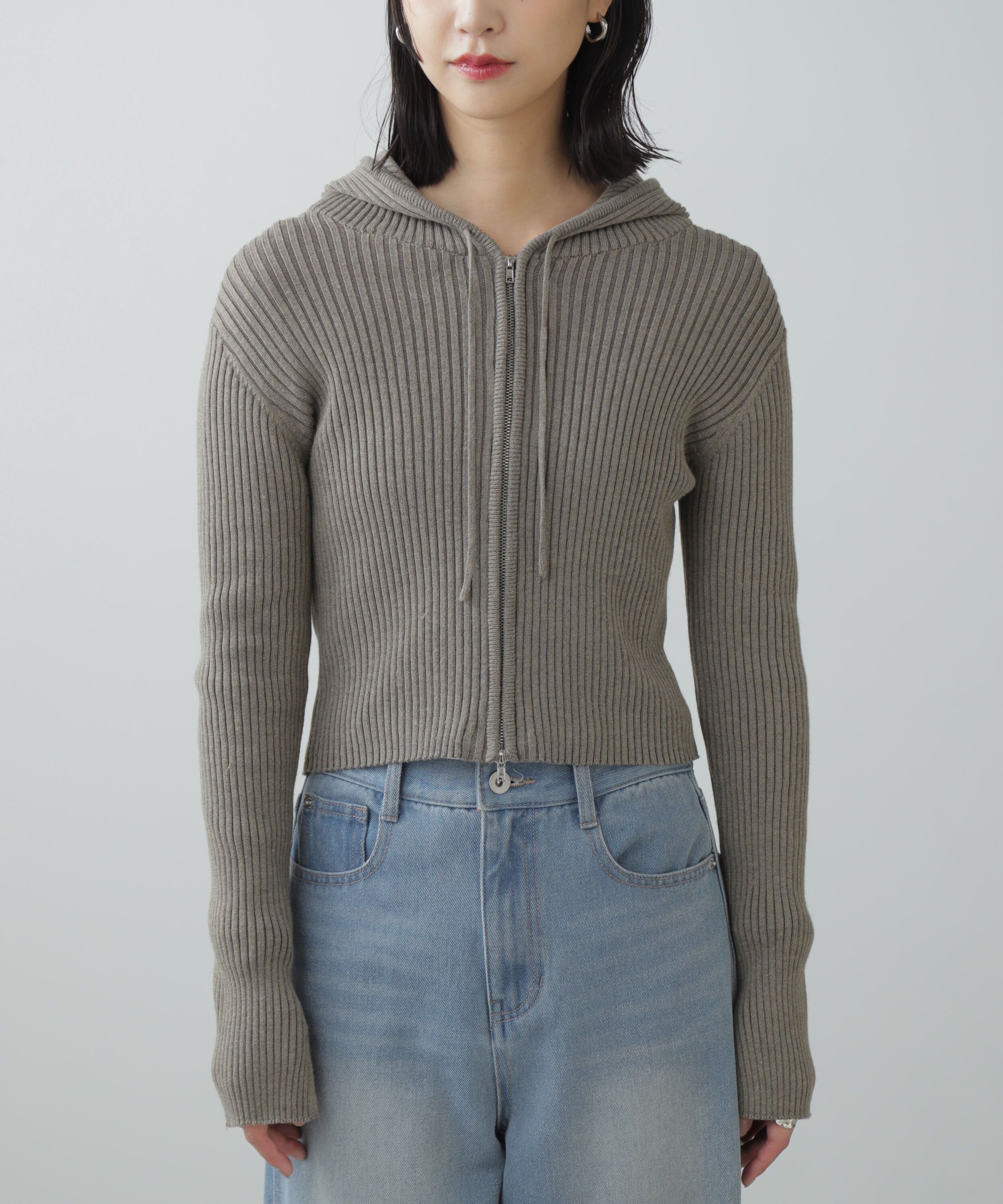  「配色リブショート丈ニットパーカー」|ニット・セーター|