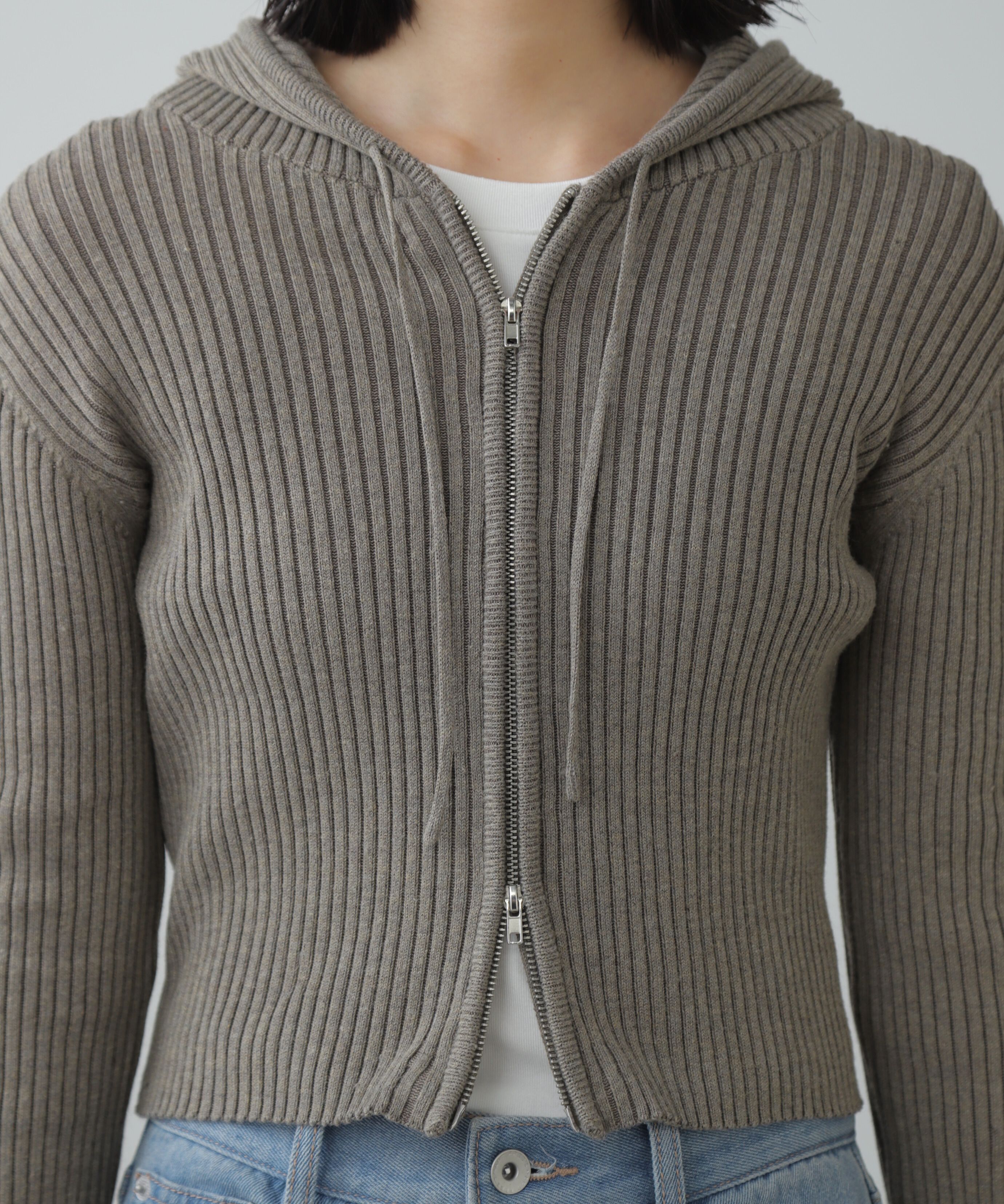  「配色リブショート丈ニットパーカー」|ニット・セーター|