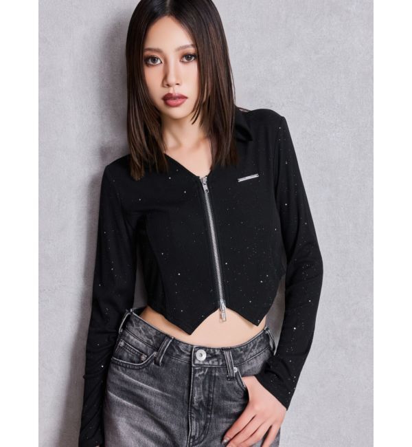 GYDA「GYDA hologram ZIPトップス」|Tシャツ・カットソー|ブラック