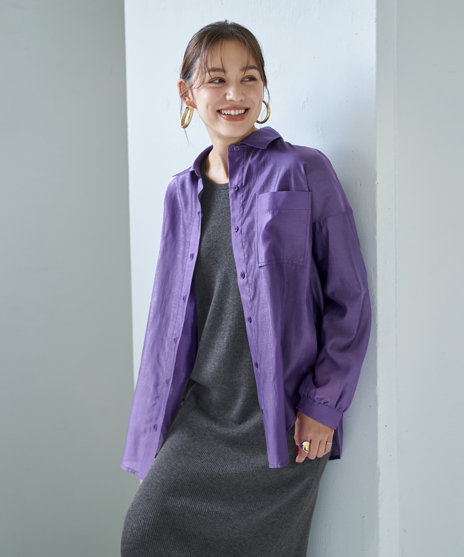 STYLE DELI「【袖口がゴムで便利な】微シアー微光沢シャツ」|シャツ・ブラウス|ヴァイオレット