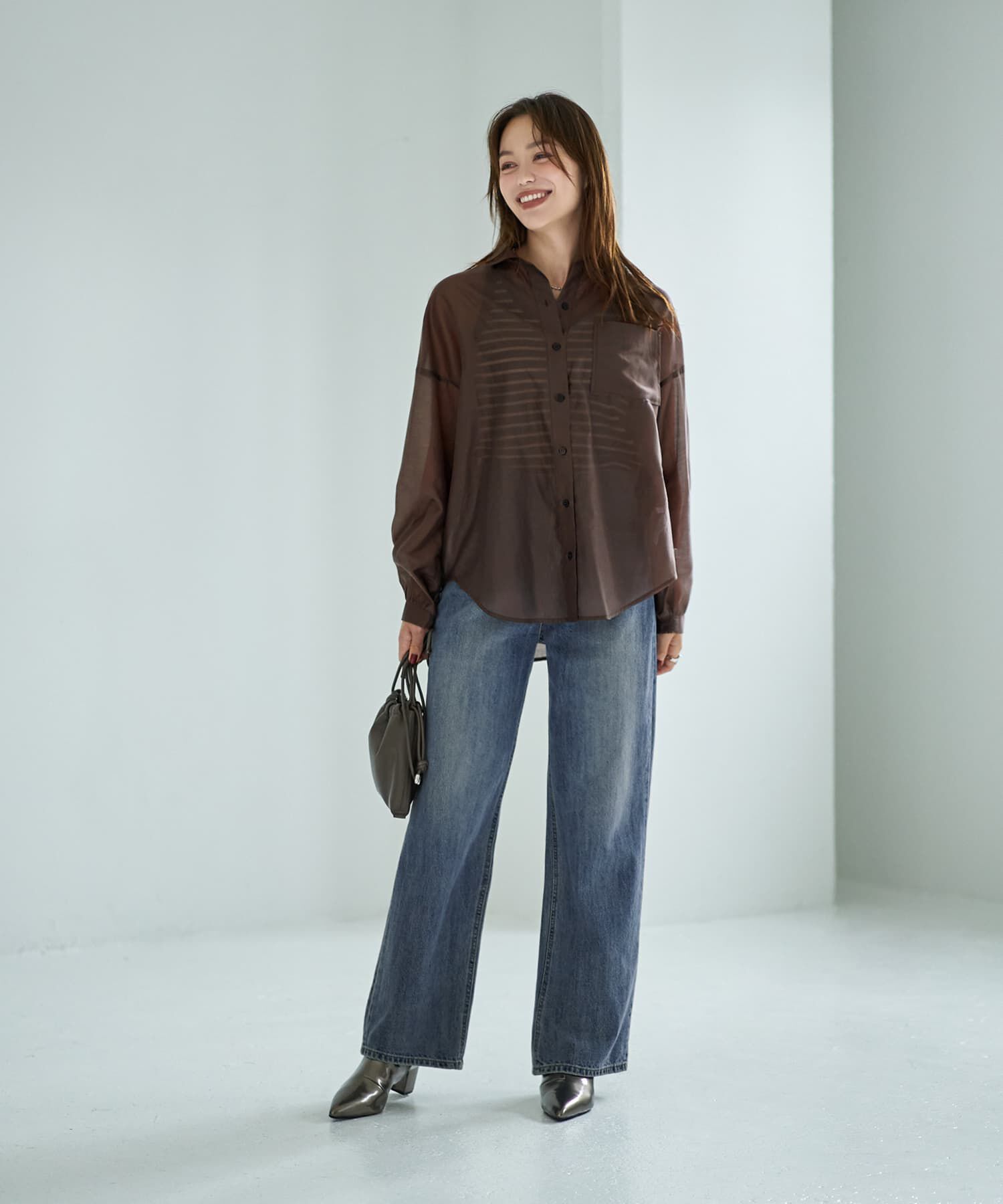 STYLE DELI「【袖口がゴムで便利な】微シアー微光沢シャツ」|シャツ・ブラウス|