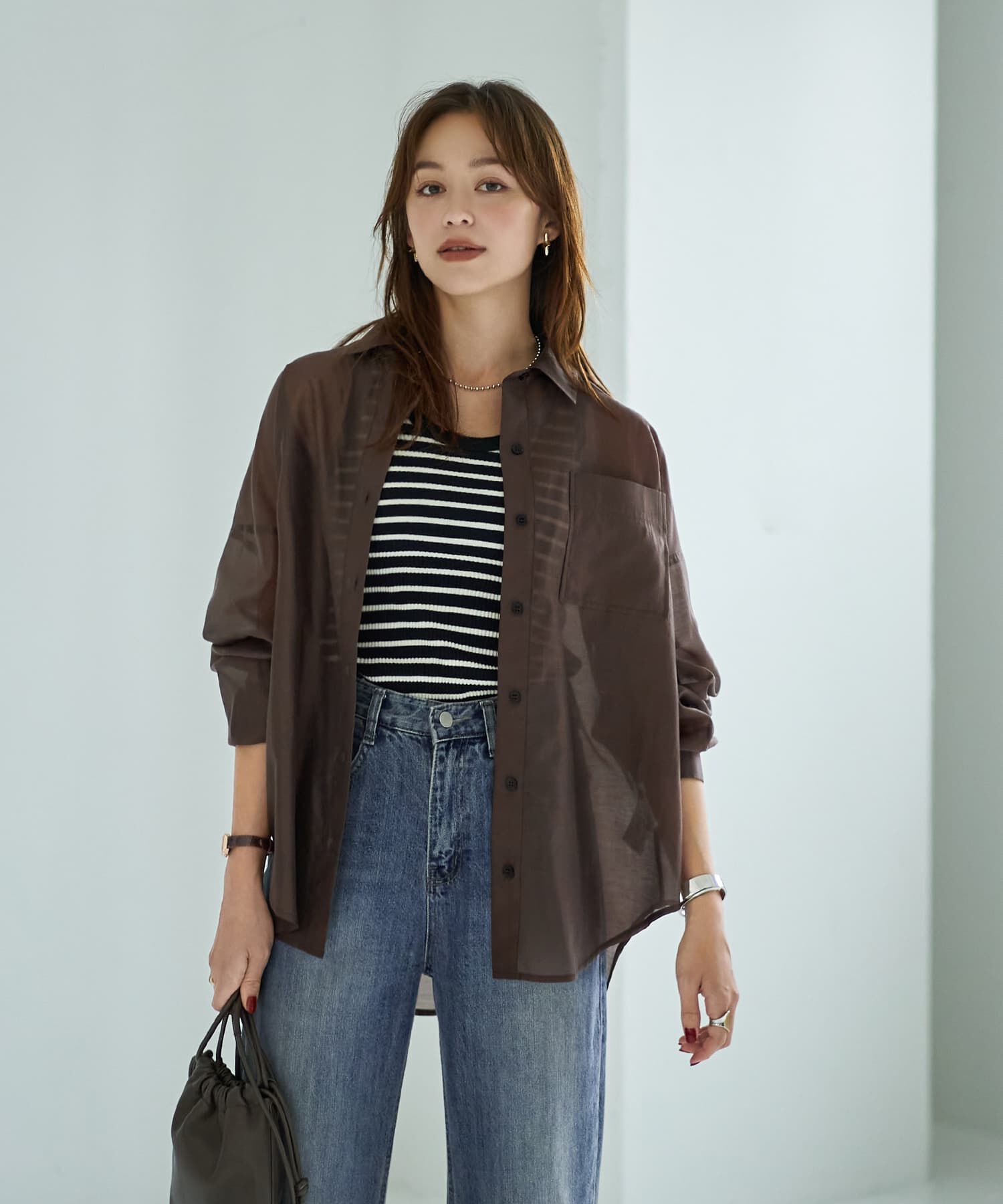 STYLE DELI「【袖口がゴムで便利な】微シアー微光沢シャツ」|シャツ・ブラウス|