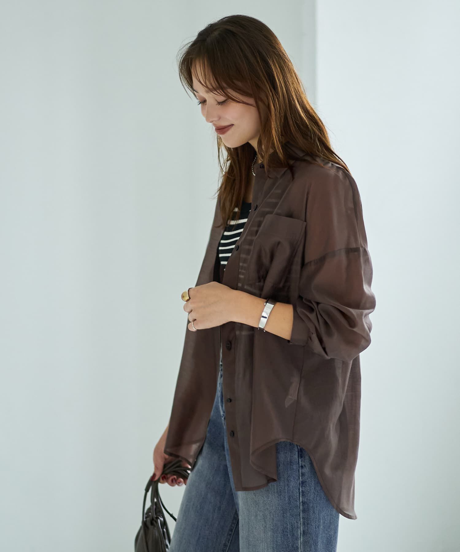 STYLE DELI「【袖口がゴムで便利な】微シアー微光沢シャツ」|シャツ・ブラウス|