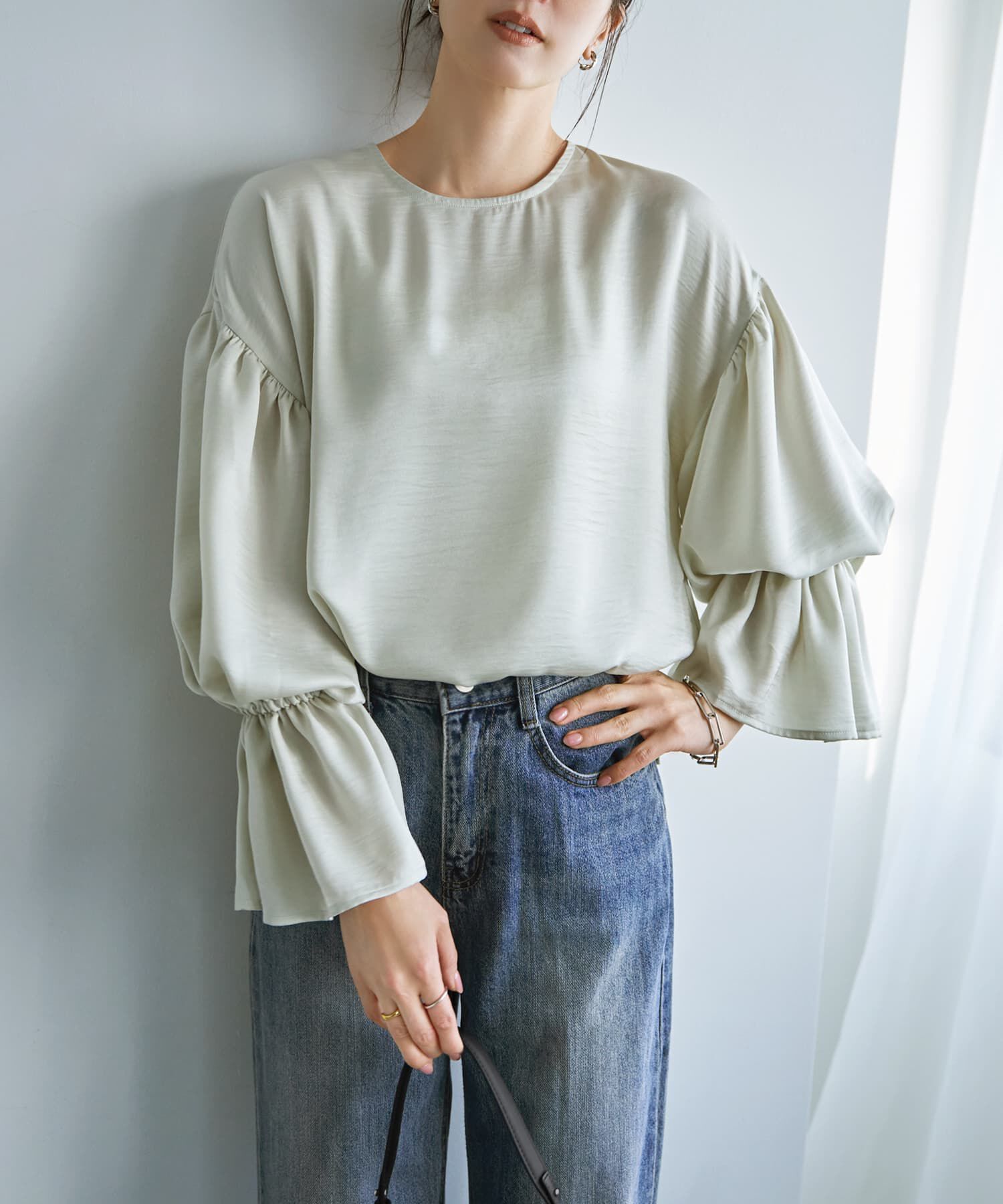 STYLE DELI「シボ生地ブラウジングスリーブブラウス」|シャツ・ブラウス|ブライトセージ