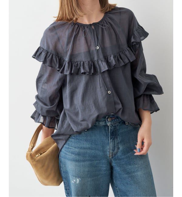 Spick and Span「《予約》コットンラミーローンフリルブラウス」|シャツ・ブラウス|ネイビー