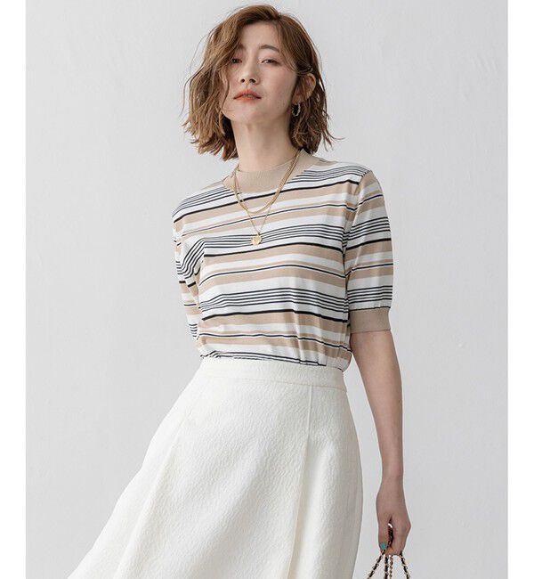 23区「【VERY3月号掲載/洗える】プレミアムビオコットン 半袖 マルチボーダー ニット」|ニット・セーター|ﾌﾞﾗｯｸﾍ