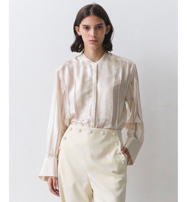 BEIGE,「HAUYNITE / シアーストライプバンドカラーブラウス」|シャツ・ブラウス|Ecru
