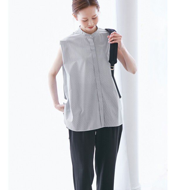 Rope&rsquo;Picnic「【UVカット・接触冷感・イージーケア】バンドカラーノースリーブシャツ/通勤対応」|シャツ・ブラウス|