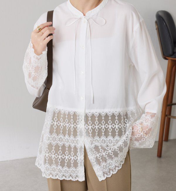  「ボウタイ裾レース切替シャツ」|シャツ・ブラウス|