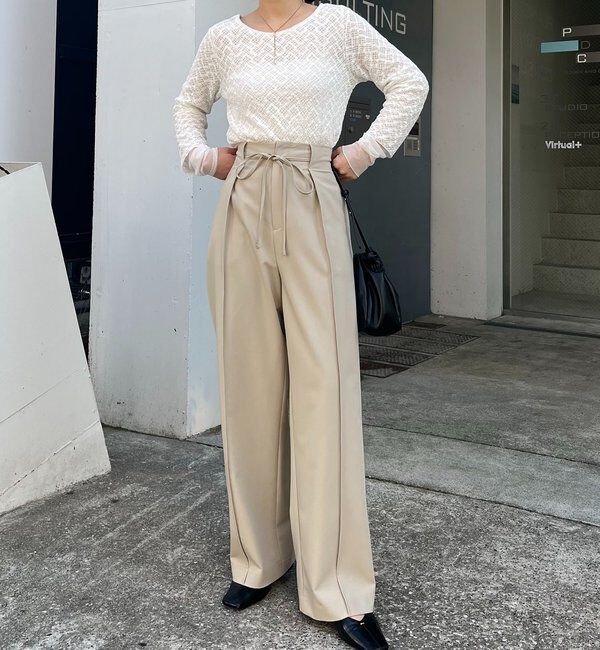  「【低身長サイズあり】ピンタックリボンパンツ」|チノ|