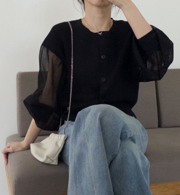  「【WEB限定カラー・ピンク】シアースリーブショートカーディガン」|カーディガン|ブラック
