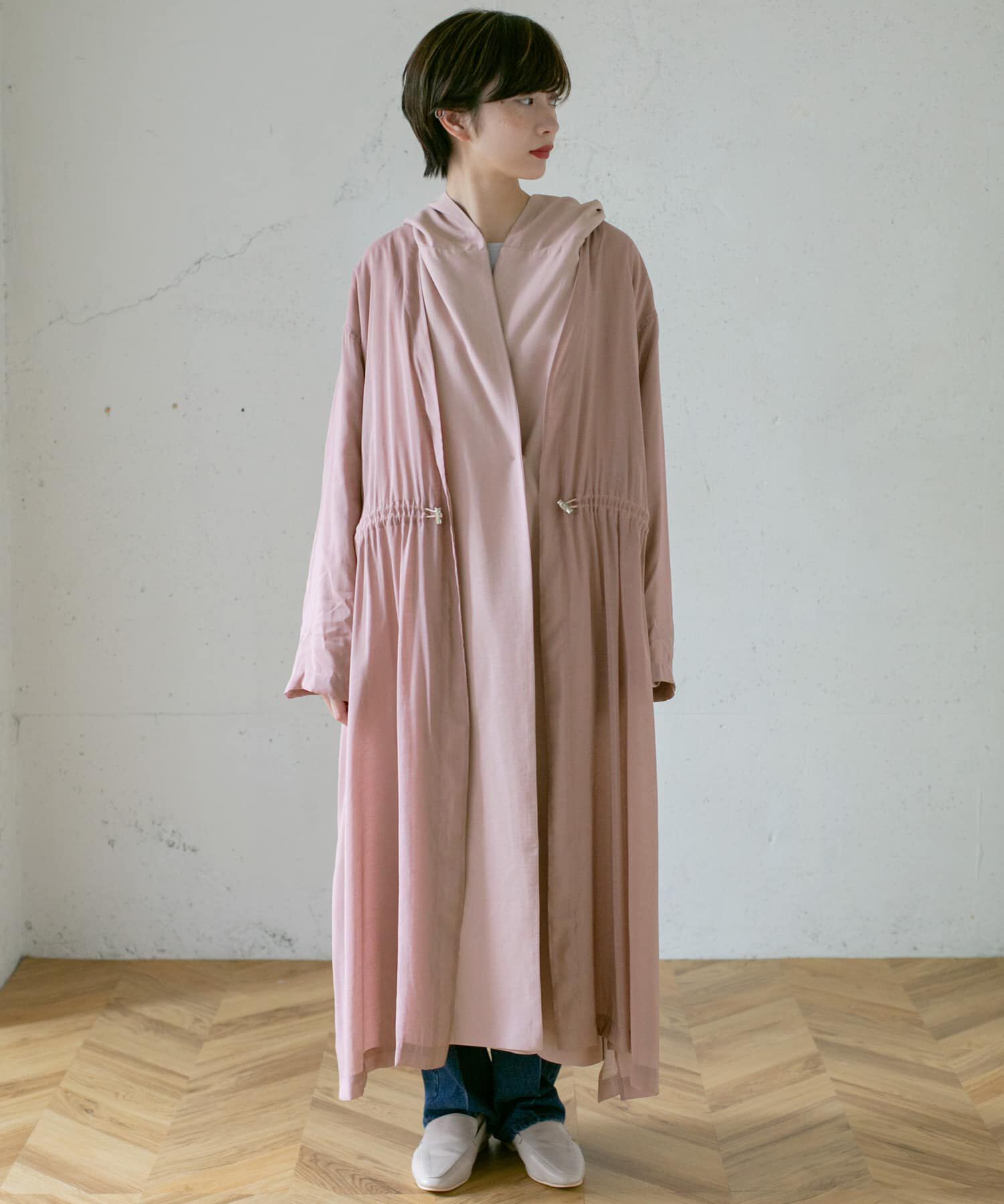  「レイヤードフーディーコート」|ノーカラーコート|