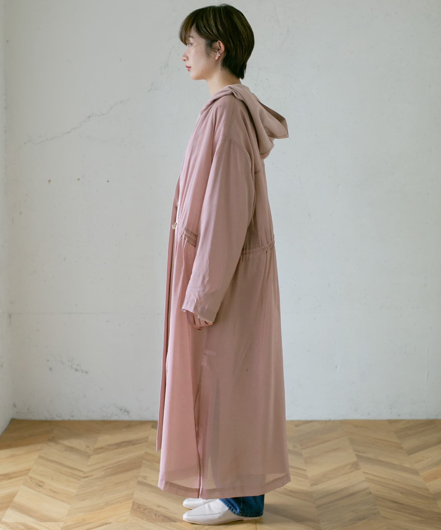  「レイヤードフーディーコート」|ノーカラーコート|