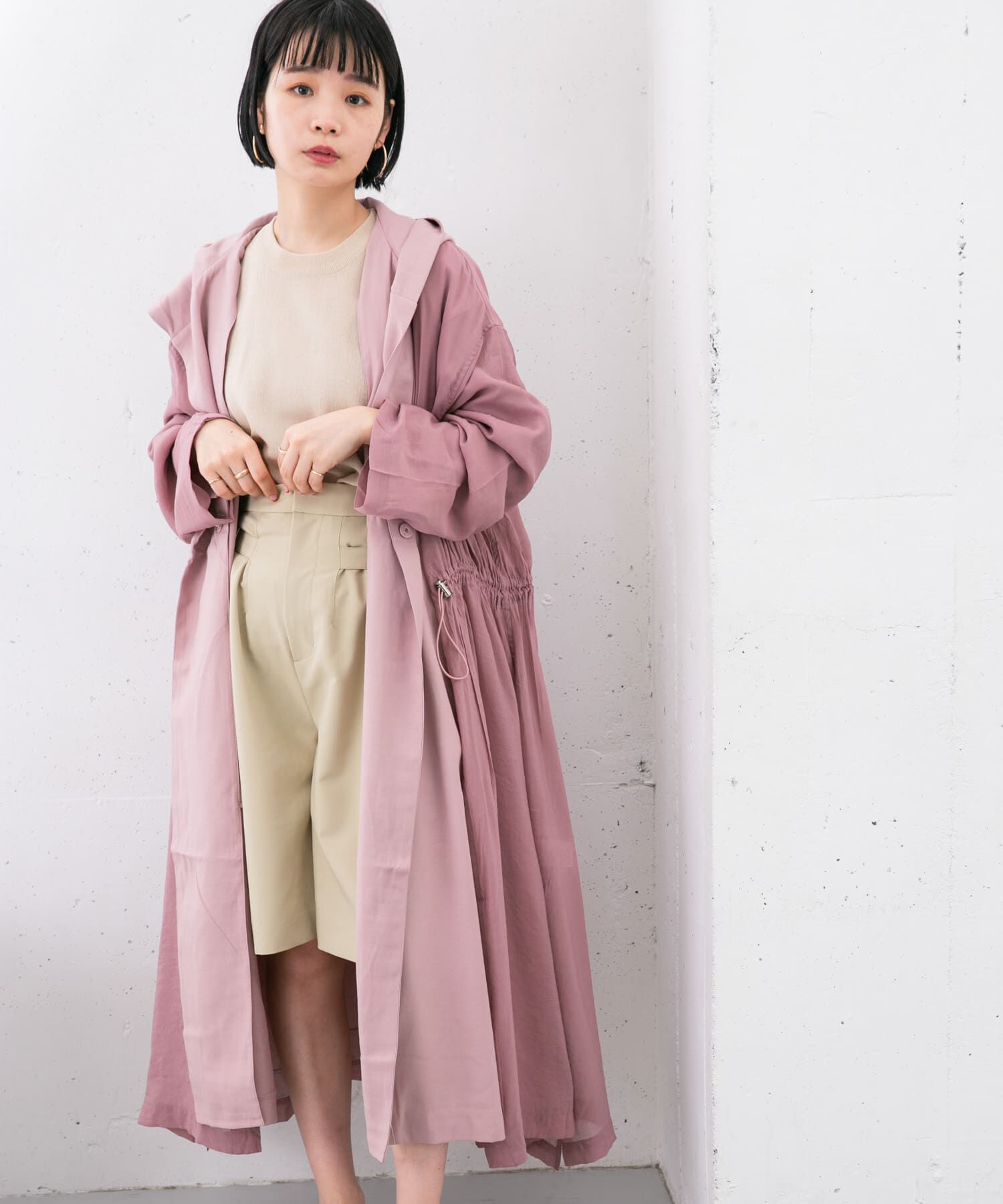  「レイヤードフーディーコート」|ノーカラーコート|