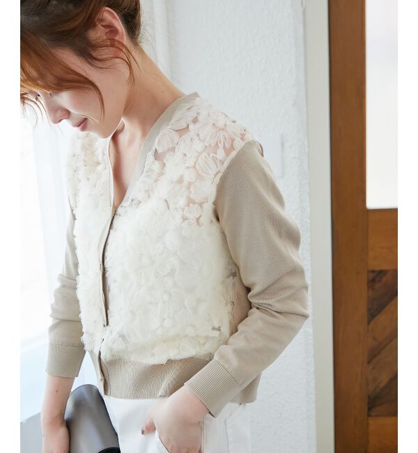  「《手洗い可能》チュール刺繍Vネックカーディガン」|カーディガン|