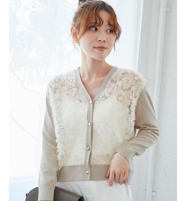  「《手洗い可能》チュール刺繍Vネックカーディガン」|カーディガン|