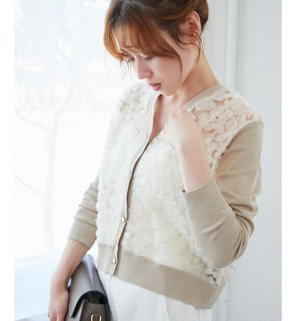  「《手洗い可能》チュール刺繍Vネックカーディガン」|カーディガン|