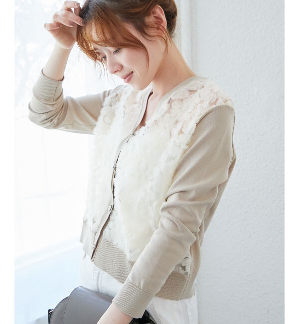  「《手洗い可能》チュール刺繍Vネックカーディガン」|カーディガン|