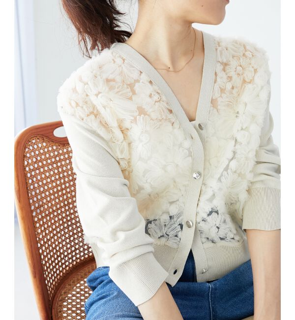  「《手洗い可能》チュール刺繍Vネックカーディガン」|カーディガン|