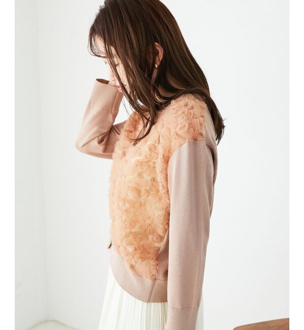  「《手洗い可能》チュール刺繍Vネックカーディガン」|カーディガン|