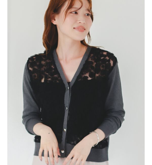  「《手洗い可能》チュール刺繍Vネックカーディガン」|カーディガン|