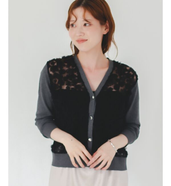  「《手洗い可能》チュール刺繍Vネックカーディガン」|カーディガン|