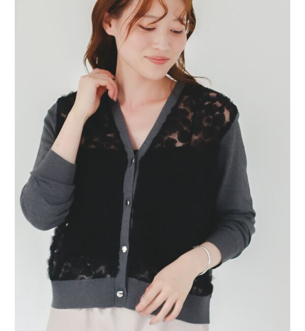  「《手洗い可能》チュール刺繍Vネックカーディガン」|カーディガン|