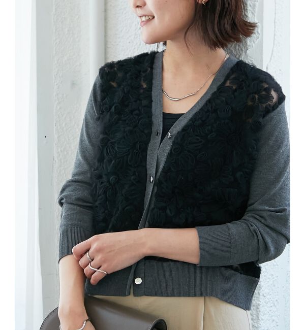  「《手洗い可能》チュール刺繍Vネックカーディガン」|カーディガン|