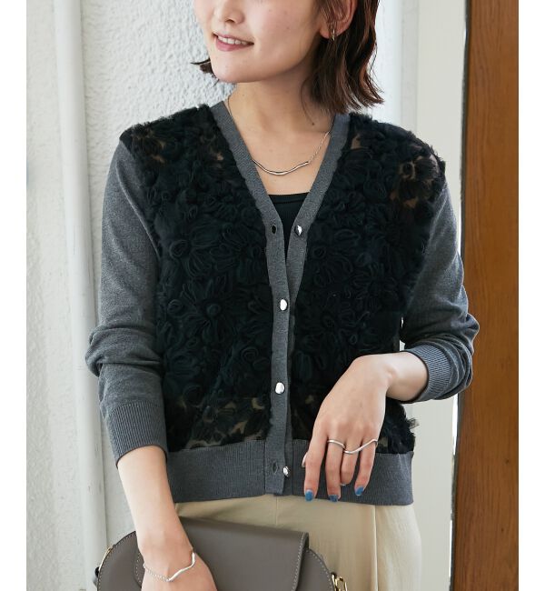  「《手洗い可能》チュール刺繍Vネックカーディガン」|カーディガン|