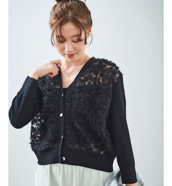  「《手洗い可能》チュール刺繍Vネックカーディガン」|カーディガン|