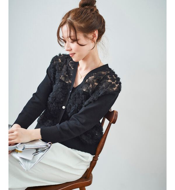  「《手洗い可能》チュール刺繍Vネックカーディガン」|カーディガン|