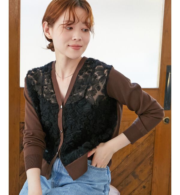  「《手洗い可能》チュール刺繍Vネックカーディガン」|カーディガン|