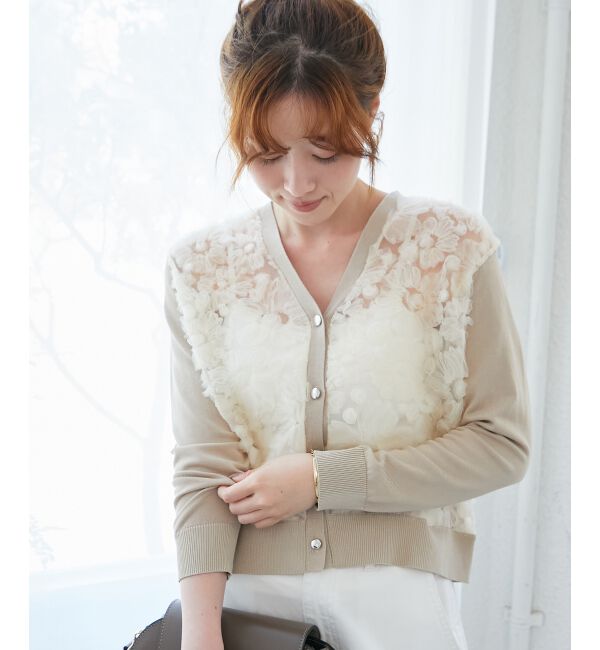 「《手洗い可能》チュール刺繍Vネックカーディガン」|カーディガン|