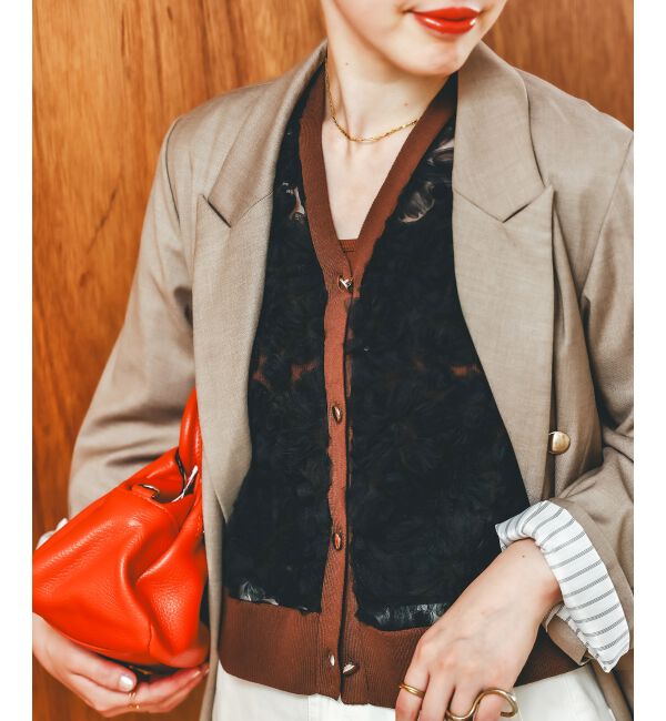  「《手洗い可能》チュール刺繍Vネックカーディガン」|カーディガン|