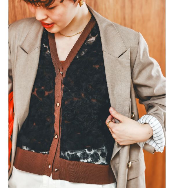  「《手洗い可能》チュール刺繍Vネックカーディガン」|カーディガン|