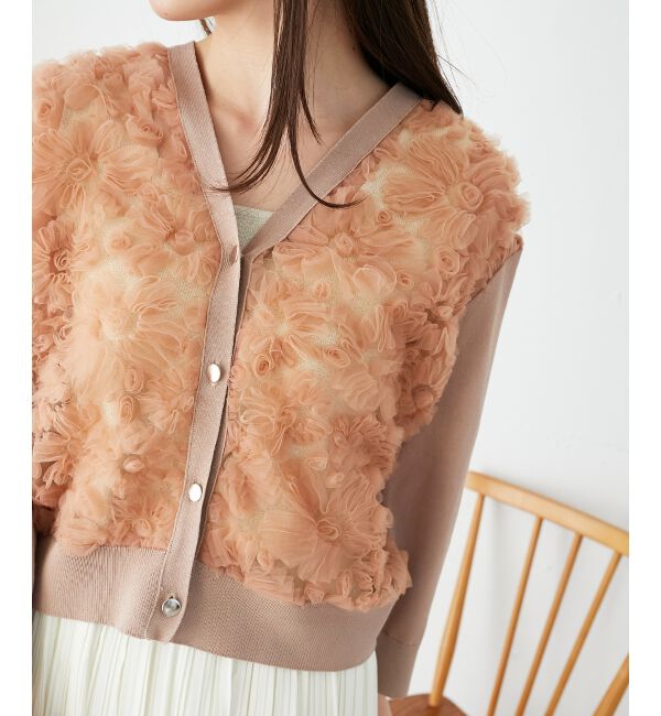  「《手洗い可能》チュール刺繍Vネックカーディガン」|カーディガン|ピンクベージュ