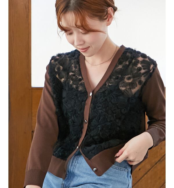  「《手洗い可能》チュール刺繍Vネックカーディガン」|カーディガン|ブラウン