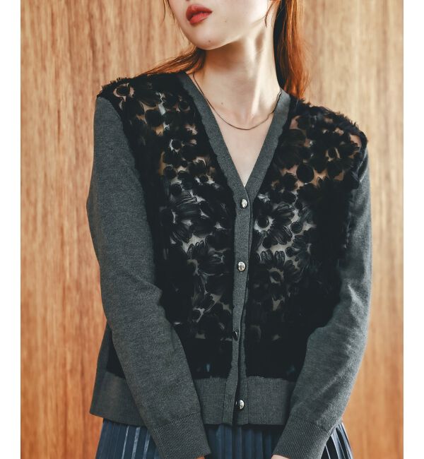  「《手洗い可能》チュール刺繍Vネックカーディガン」|カーディガン|グレー