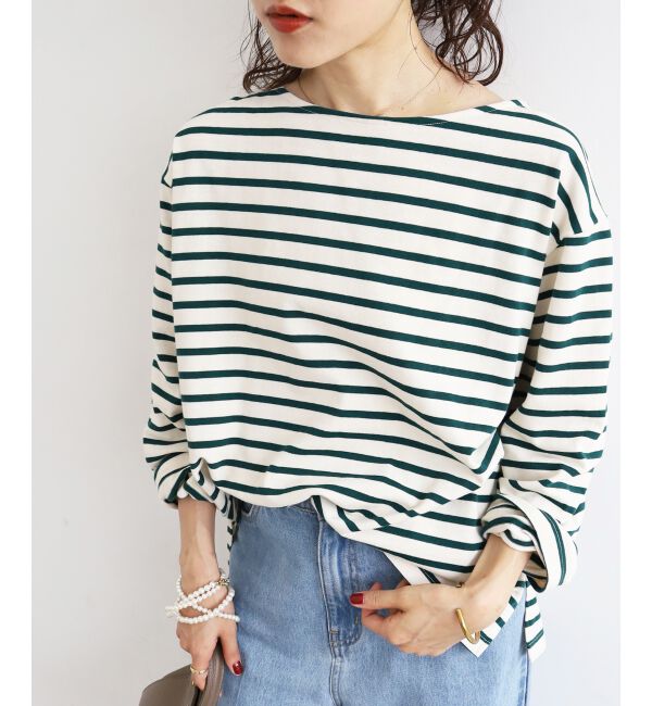  「《手洗い可能》バスクボーダーロンT」|Tシャツ・カットソー|グリーン柄