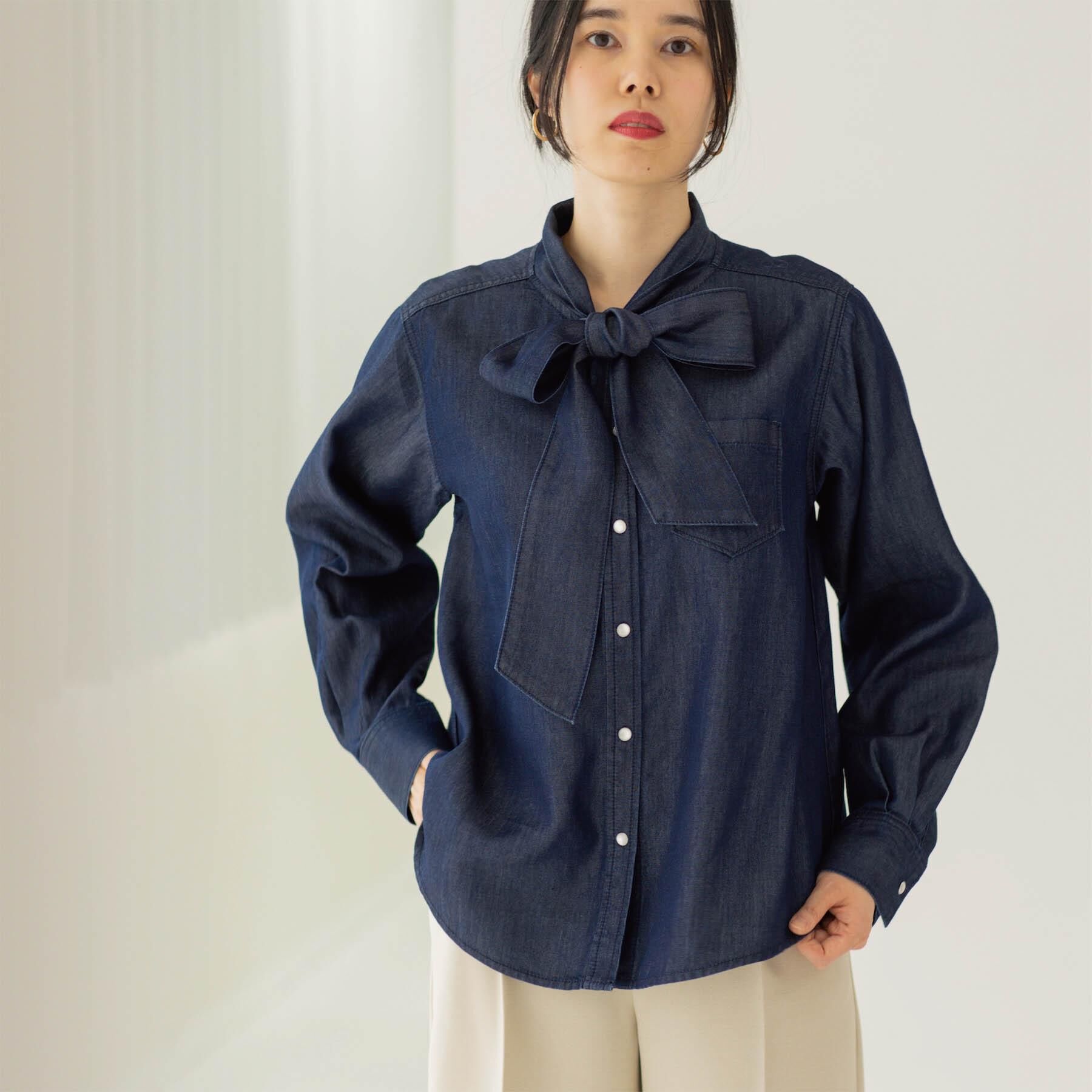 OPAQUE.CLIP「セルロース混デニムボウタイブラウス【洗濯機OK】」|シャツ・ブラウス|