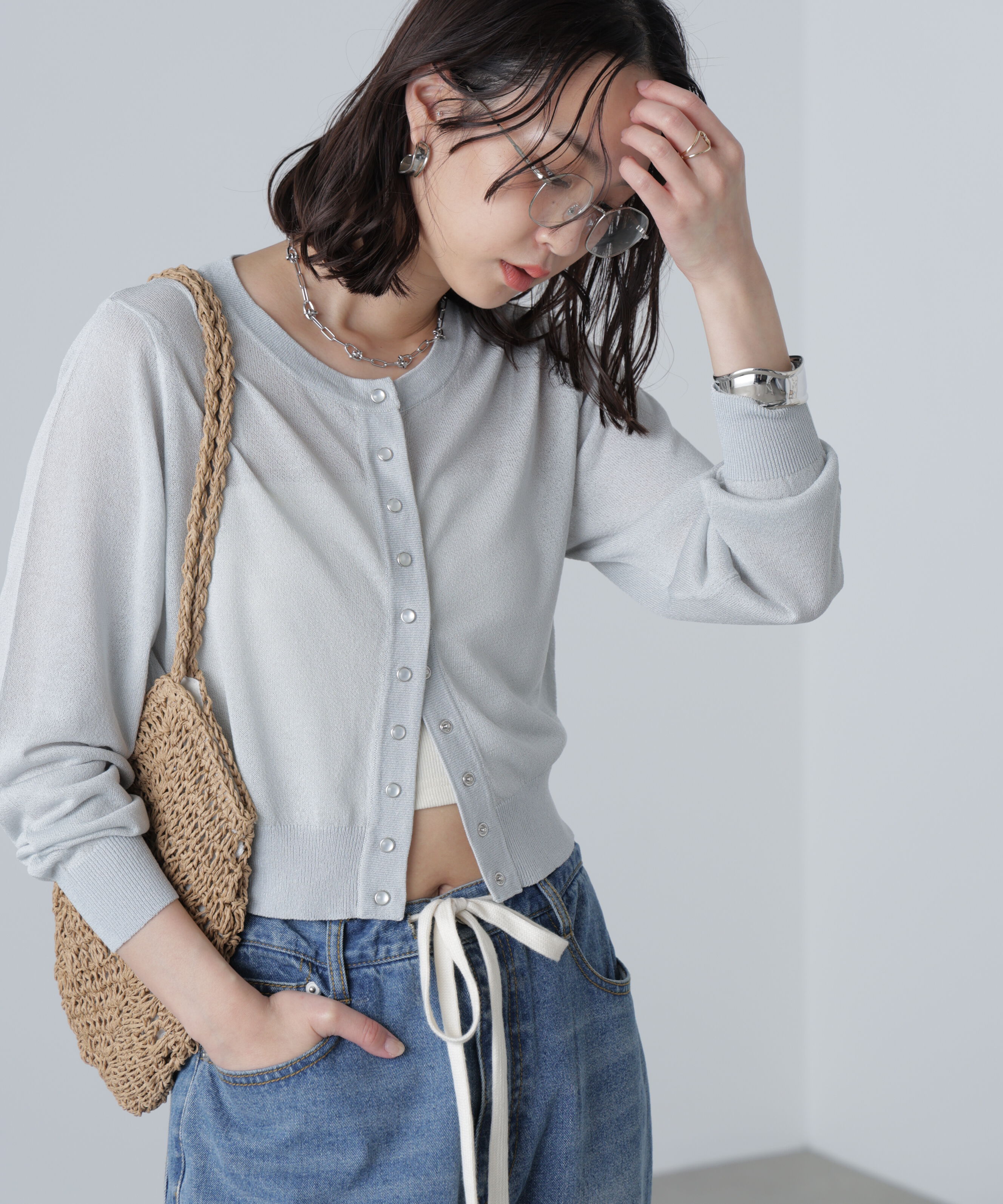  「ドットボタンクルーネックカーディガン」|ニット・セーター|グレー