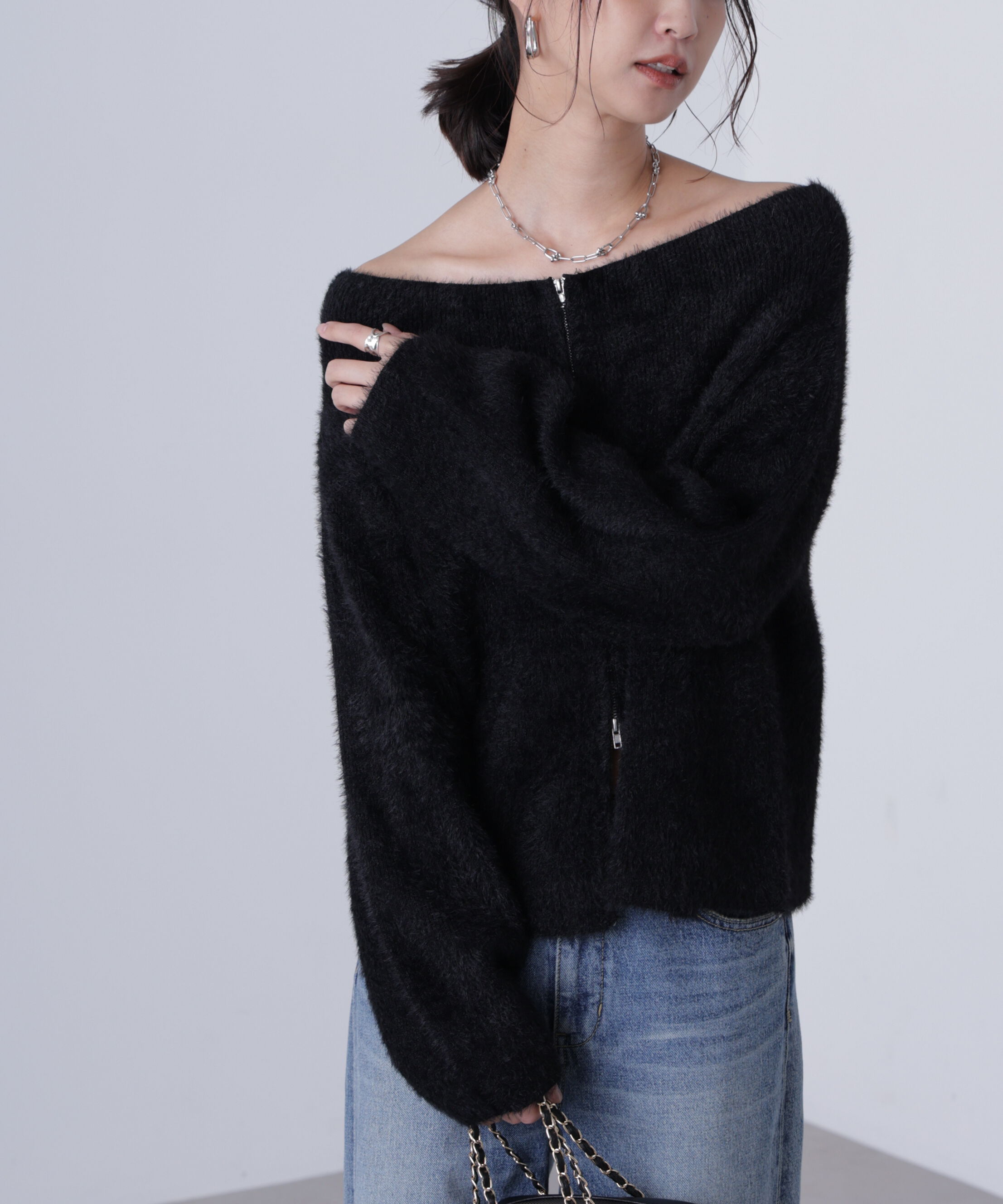  「前後2WAYオフショルシャギージップカーディガン」|ニット・セーター|