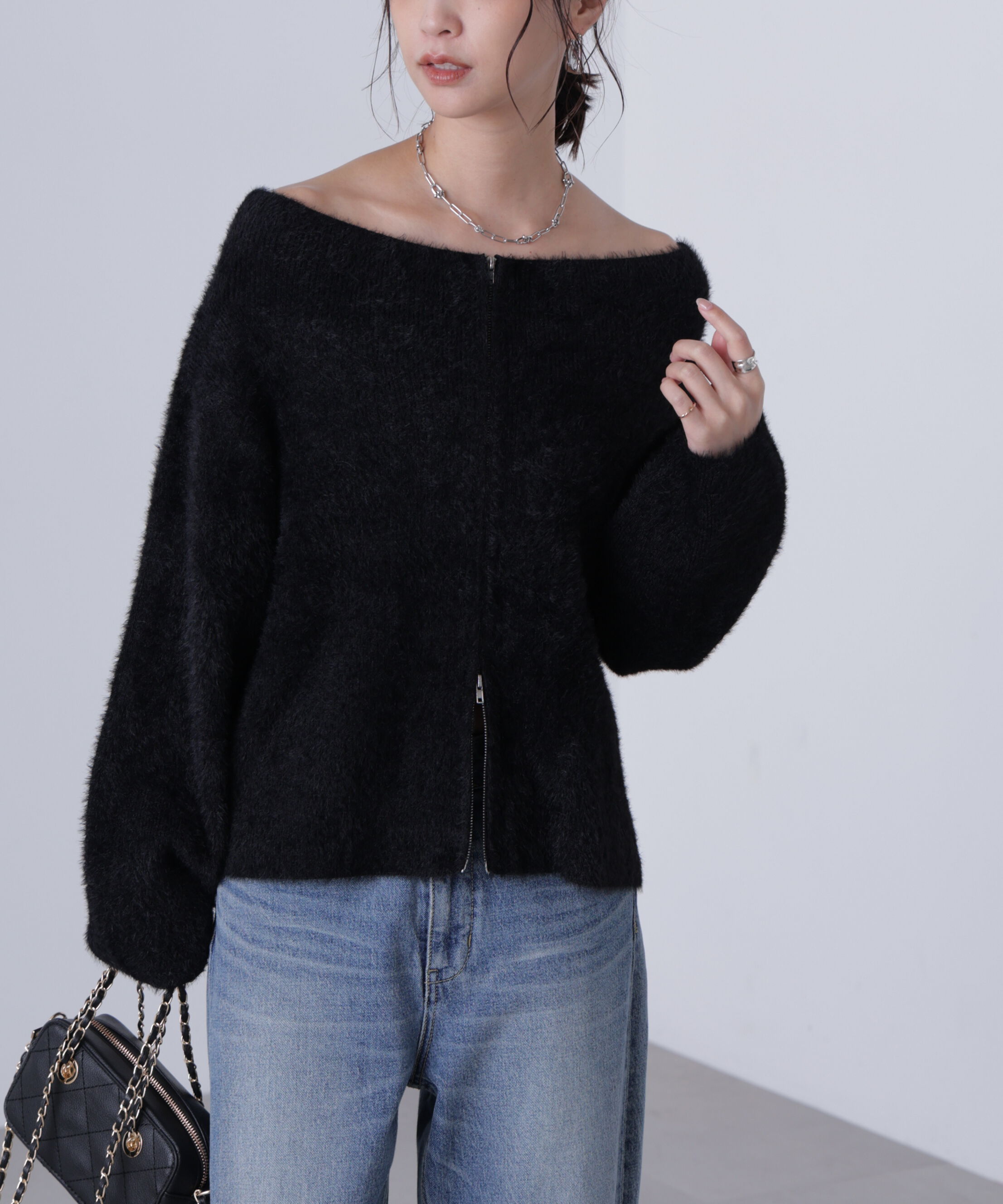  「前後2WAYオフショルシャギージップカーディガン」|ニット・セーター|