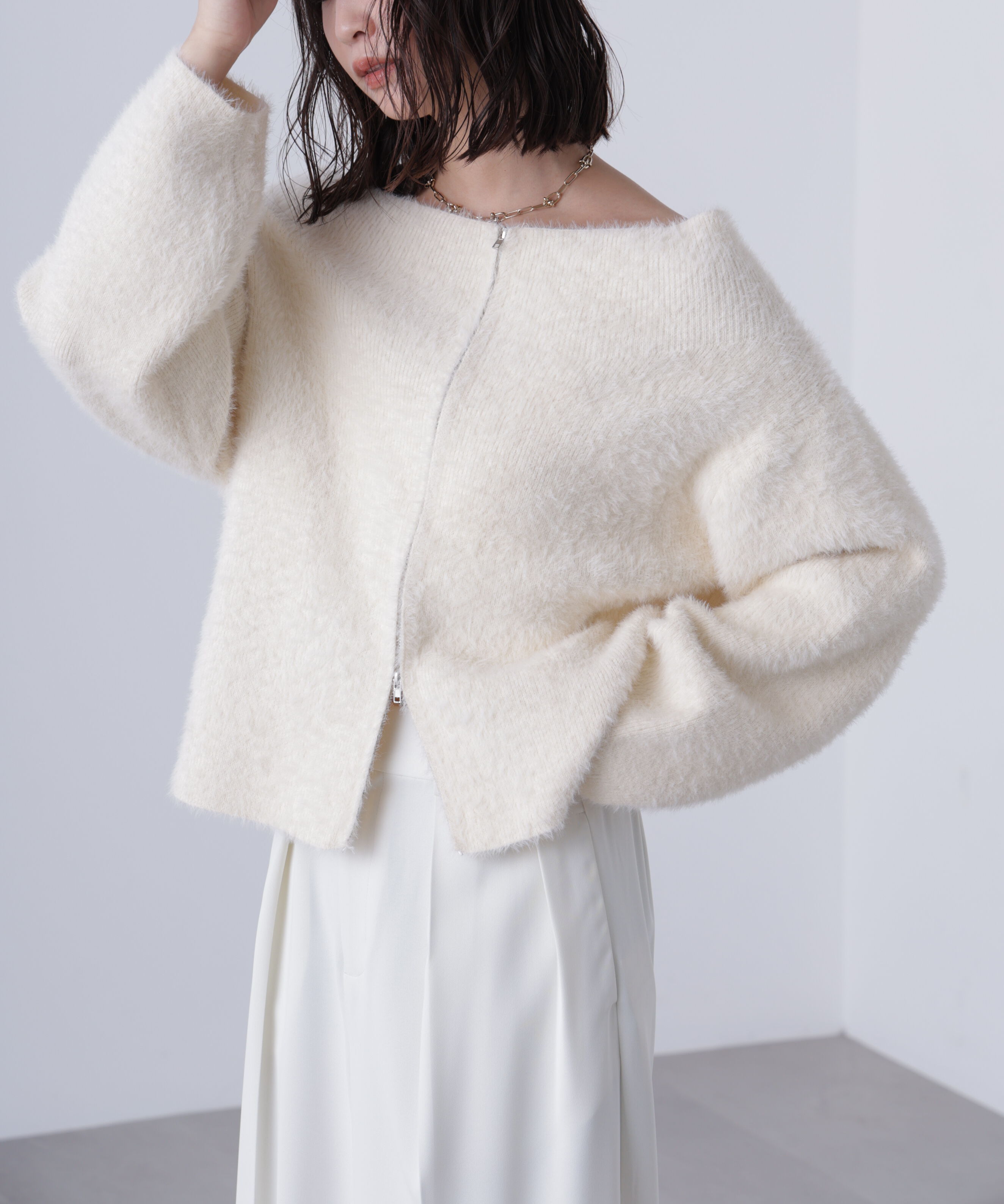  「前後2WAYオフショルシャギージップカーディガン」|ニット・セーター|シロ