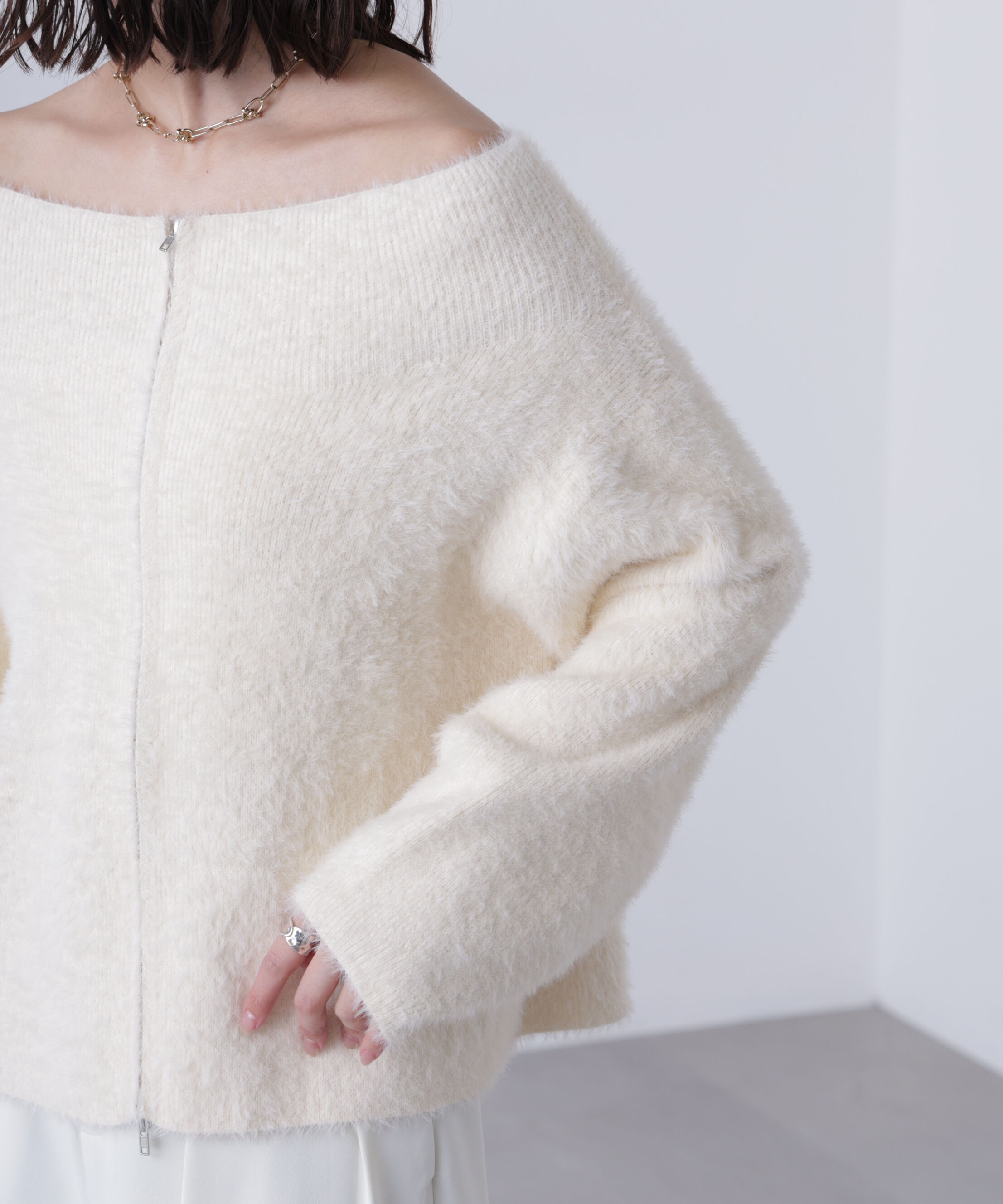  「前後2WAYオフショルシャギージップカーディガン」|ニット・セーター|