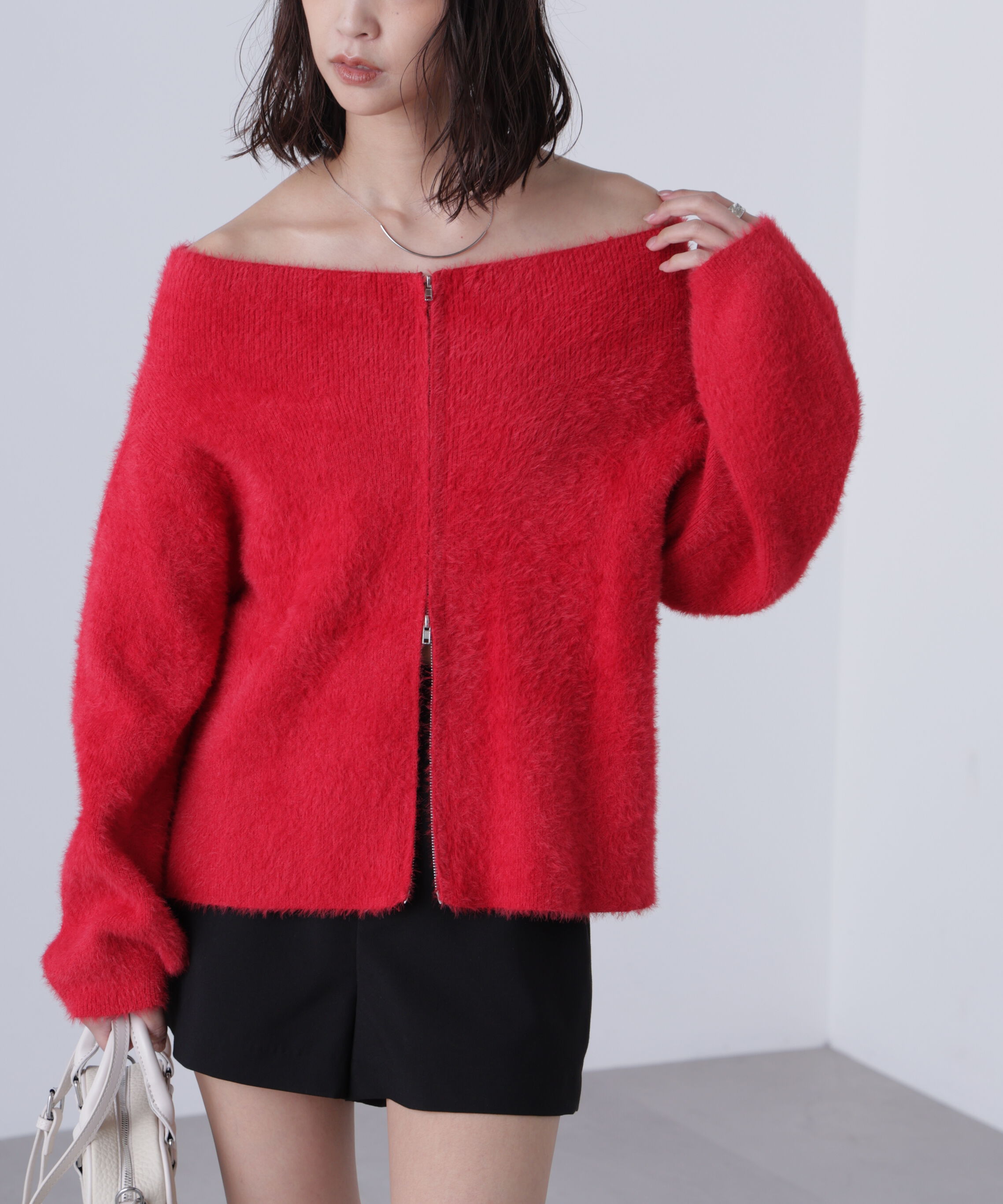  「前後2WAYオフショルシャギージップカーディガン」|ニット・セーター|