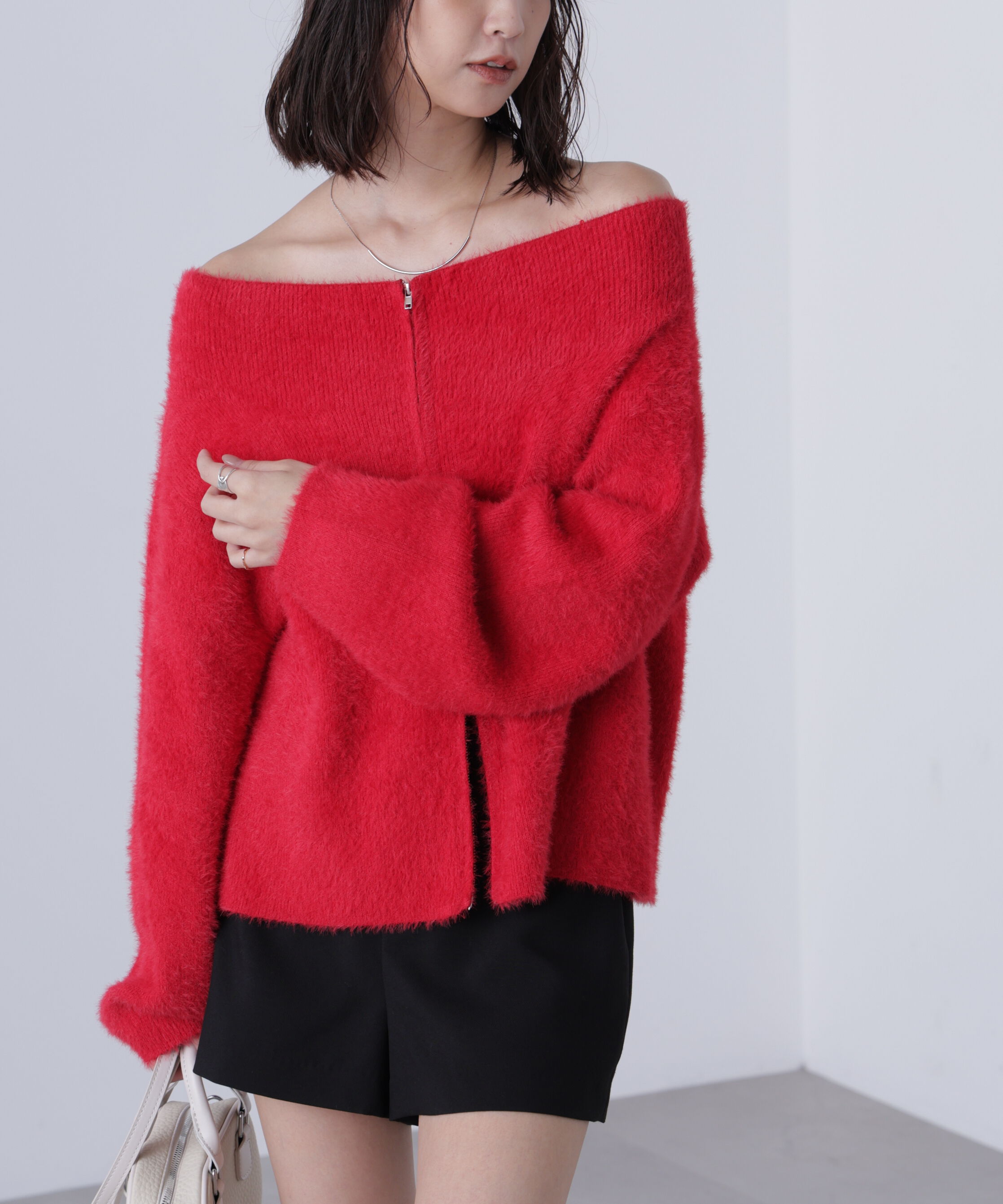  「前後2WAYオフショルシャギージップカーディガン」|ニット・セーター|