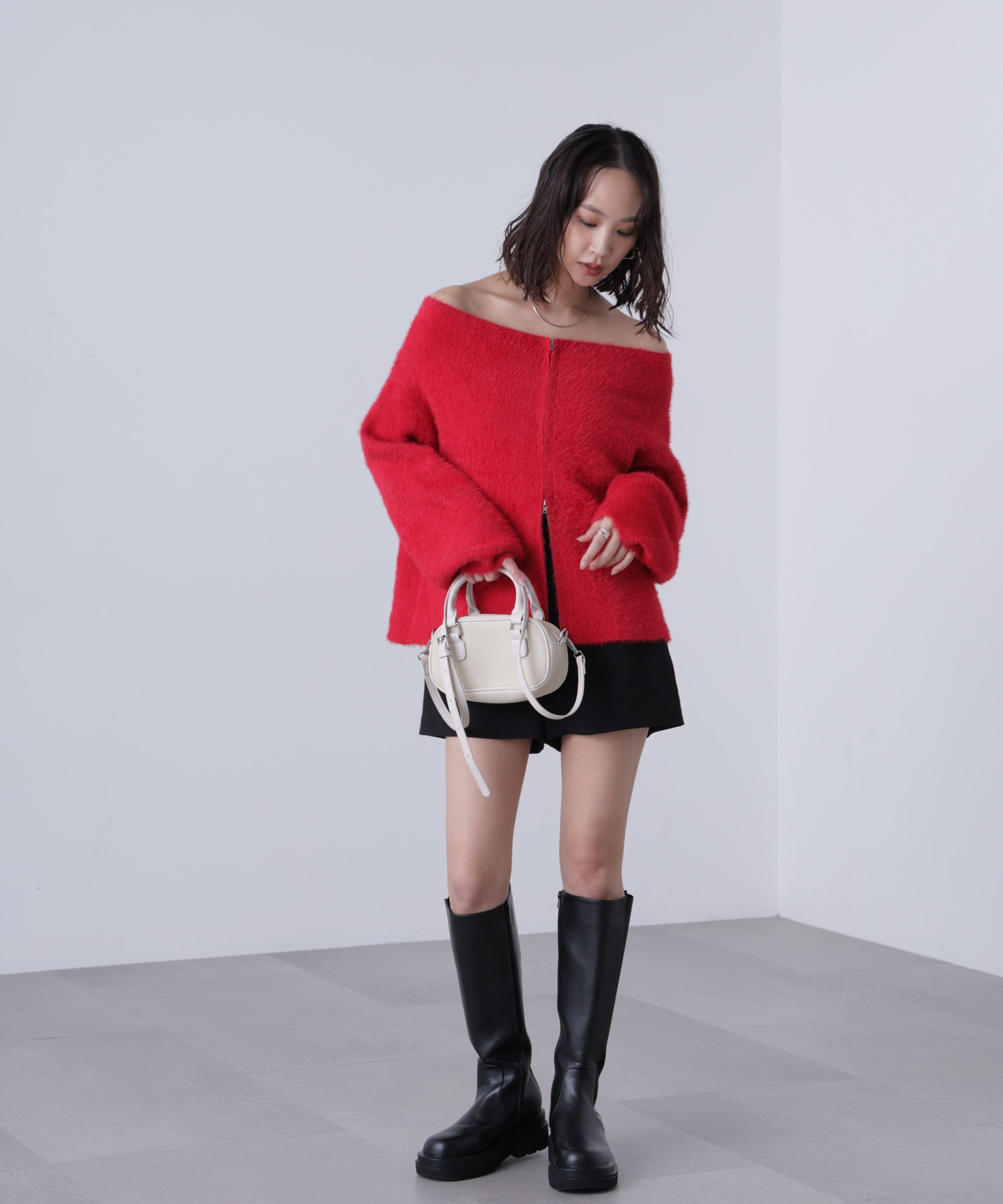  「前後2WAYオフショルシャギージップカーディガン」|ニット・セーター|