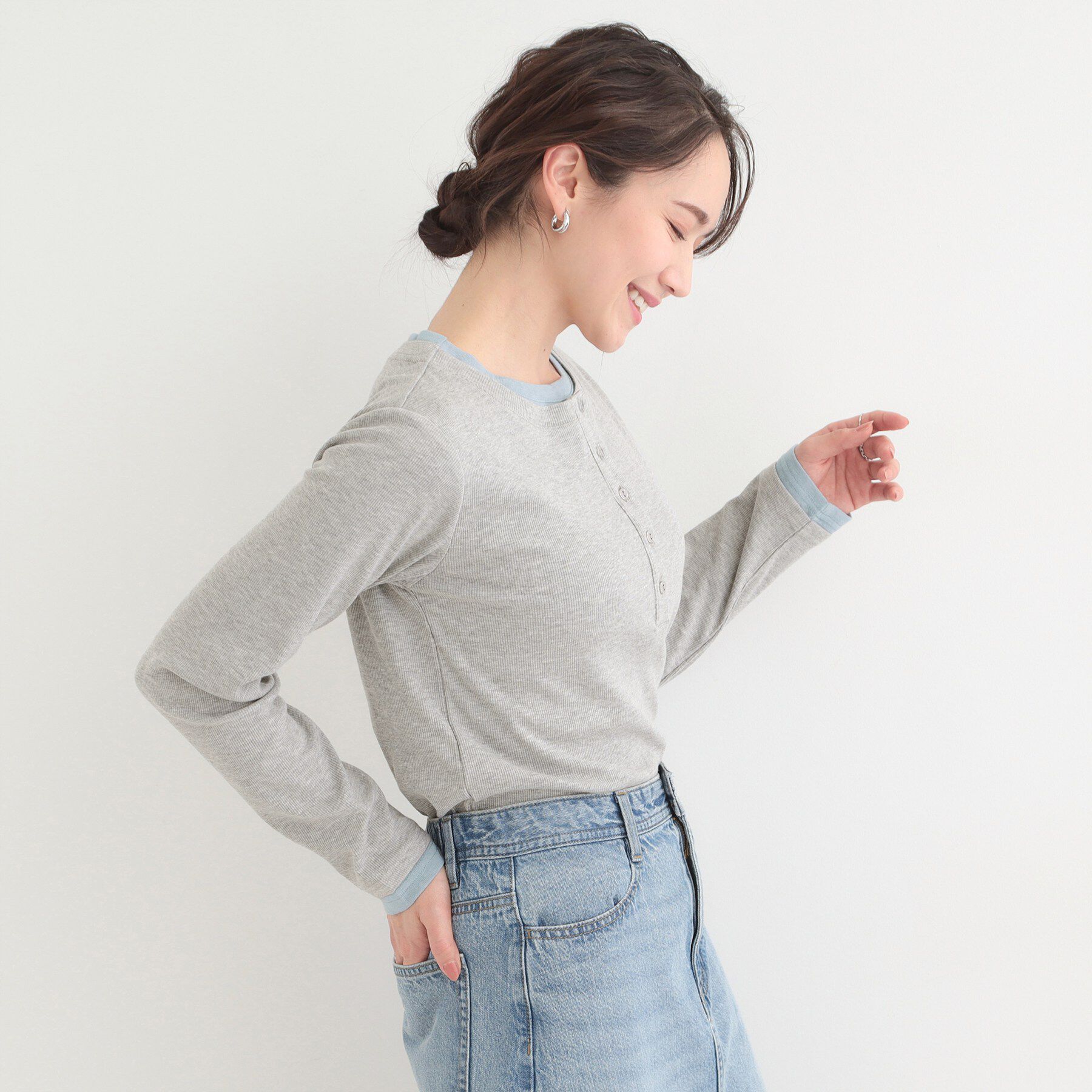 SHOO･LA･RUE「1枚でもサマになる！ レイヤード風配色 ヘンリーネック テレコロンT」|Tシャツ・カットソー|